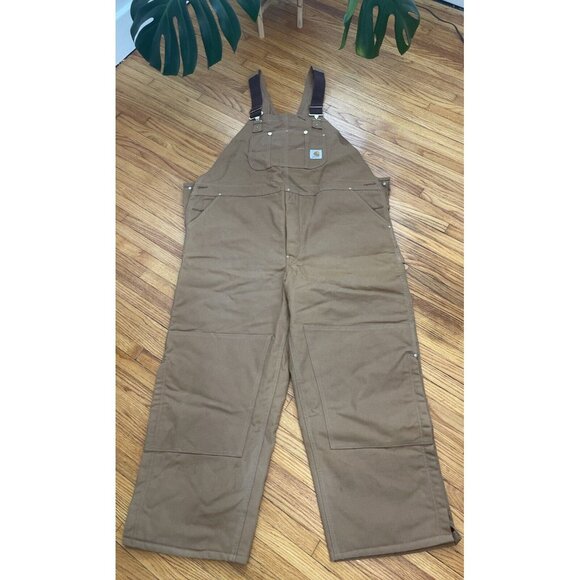 Vintage 80s 46x28 Carhartt Brown Double Knee Quilt Lined Overalls Bibs Union USA - Picture 2 of 16